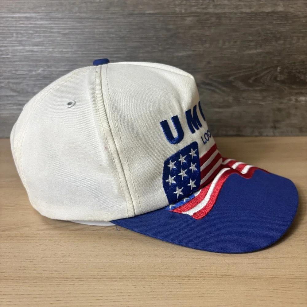 Vintage UMWA Hat Cap Snap Back White Blue Embroidered American Flag Union